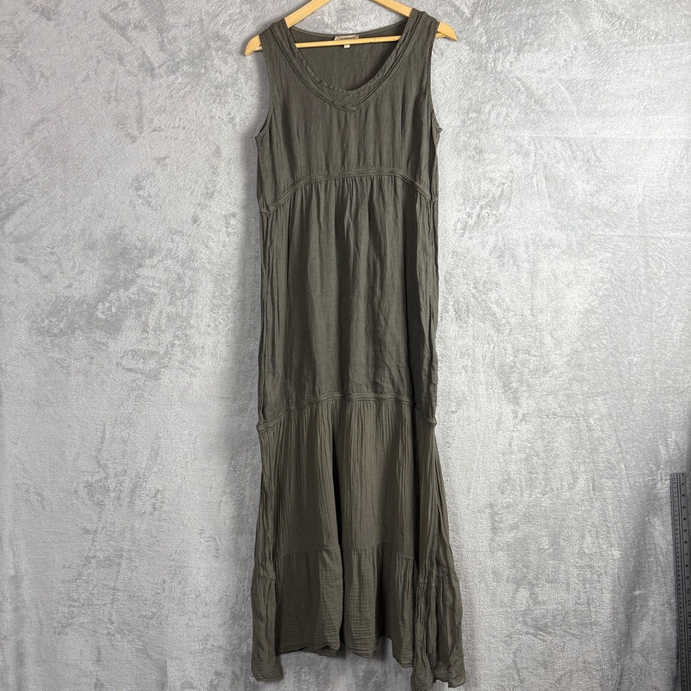 Via Signoria Maxi Dress Tiered Sleeveless Size S Olive Green Boho Lagenlook Cozy